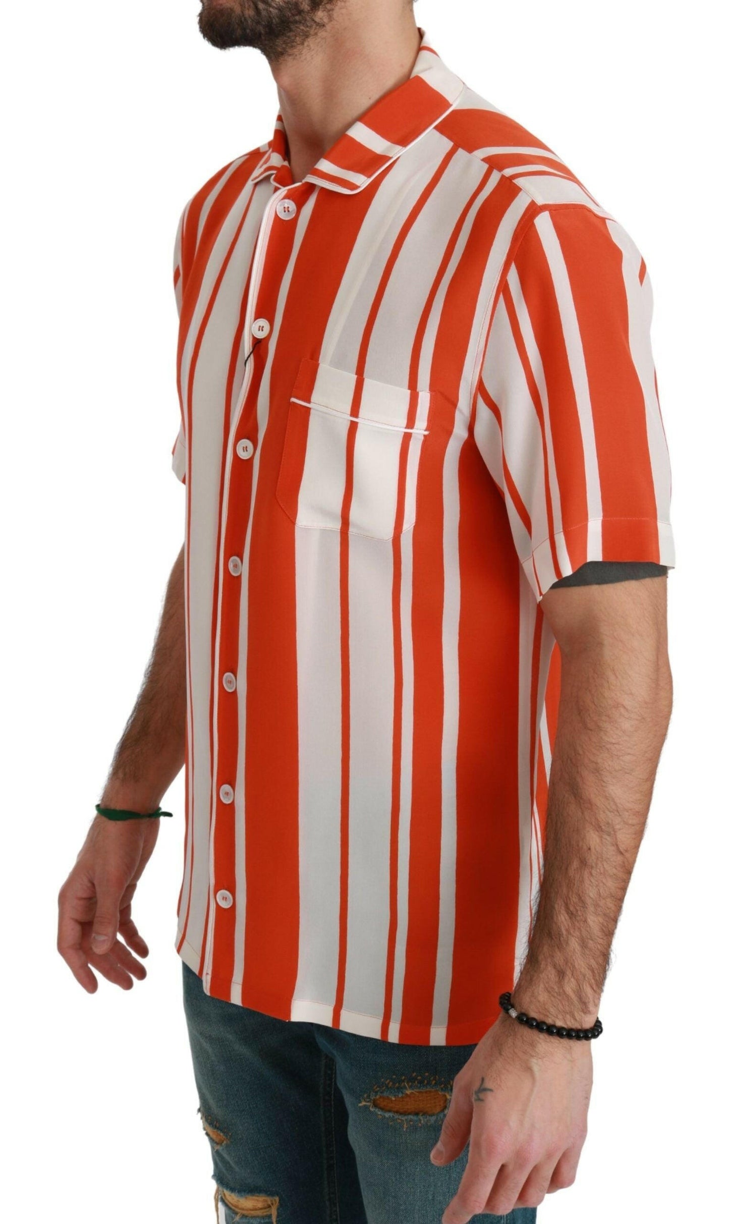 Chemise élégante en soie à rayures Dolce &amp; Gabbana - Blanc et orange