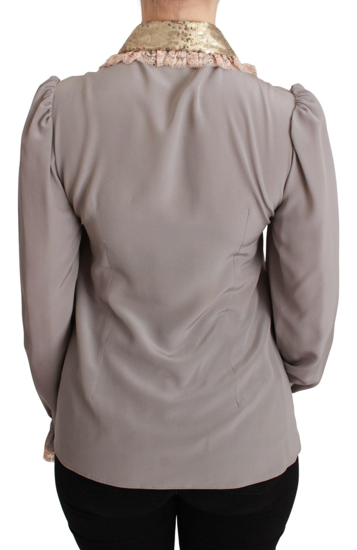 Dolce &amp; Gabbana Blusenhemd aus grauer Seide mit goldenen Pailletten und Spitze