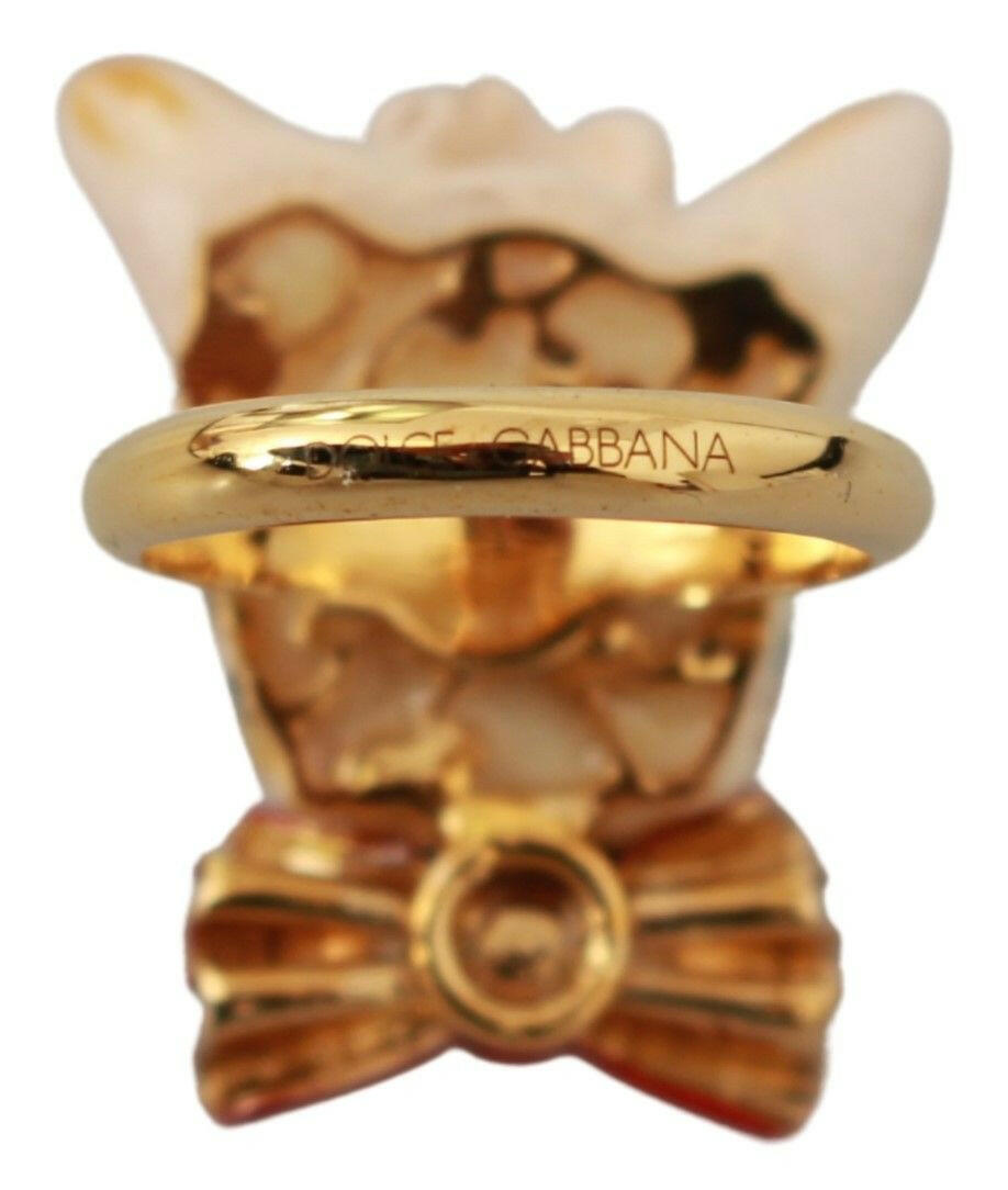 Dolce &amp; Gabbana Gold Messing Harz Beige Hund Haustier Marke Accessoire Ring
