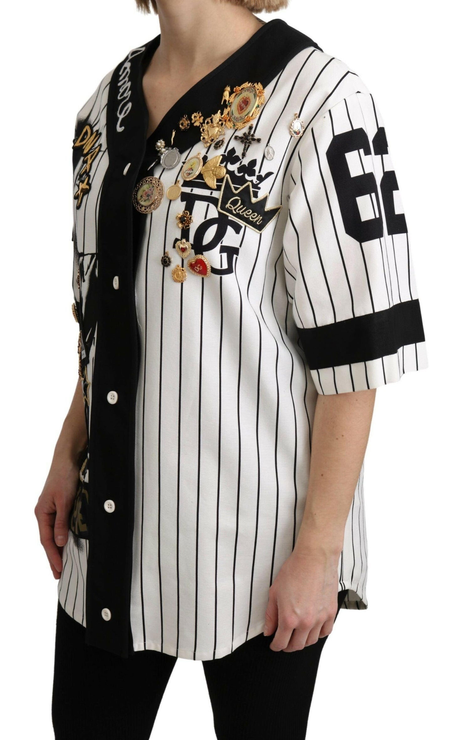 Dolce &amp; Gabbana Weiße und schwarze Bluse Cotton Crystal Charms Amore Shirt