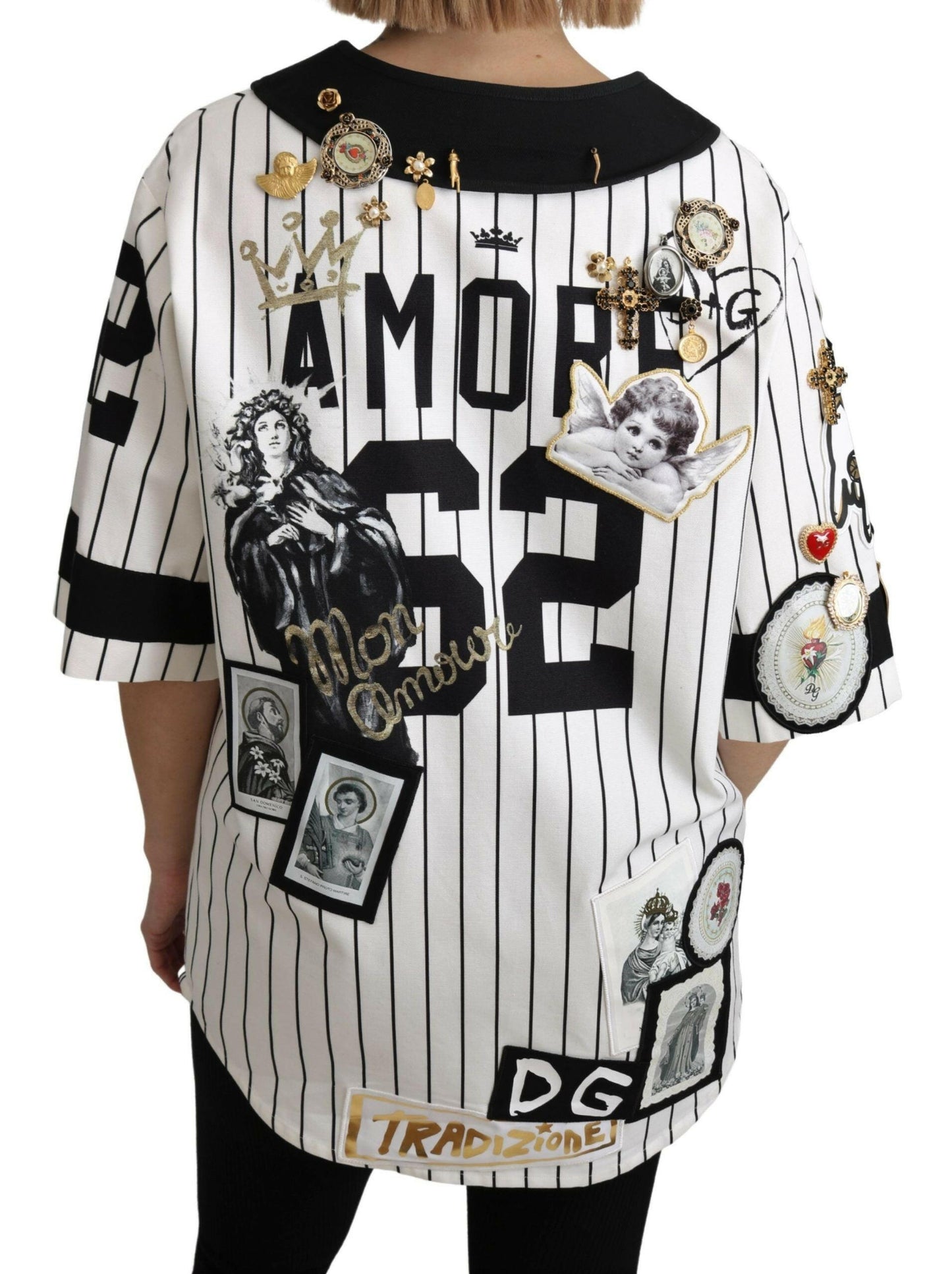 Dolce &amp; Gabbana Weiße und schwarze Bluse Cotton Crystal Charms Amore Shirt