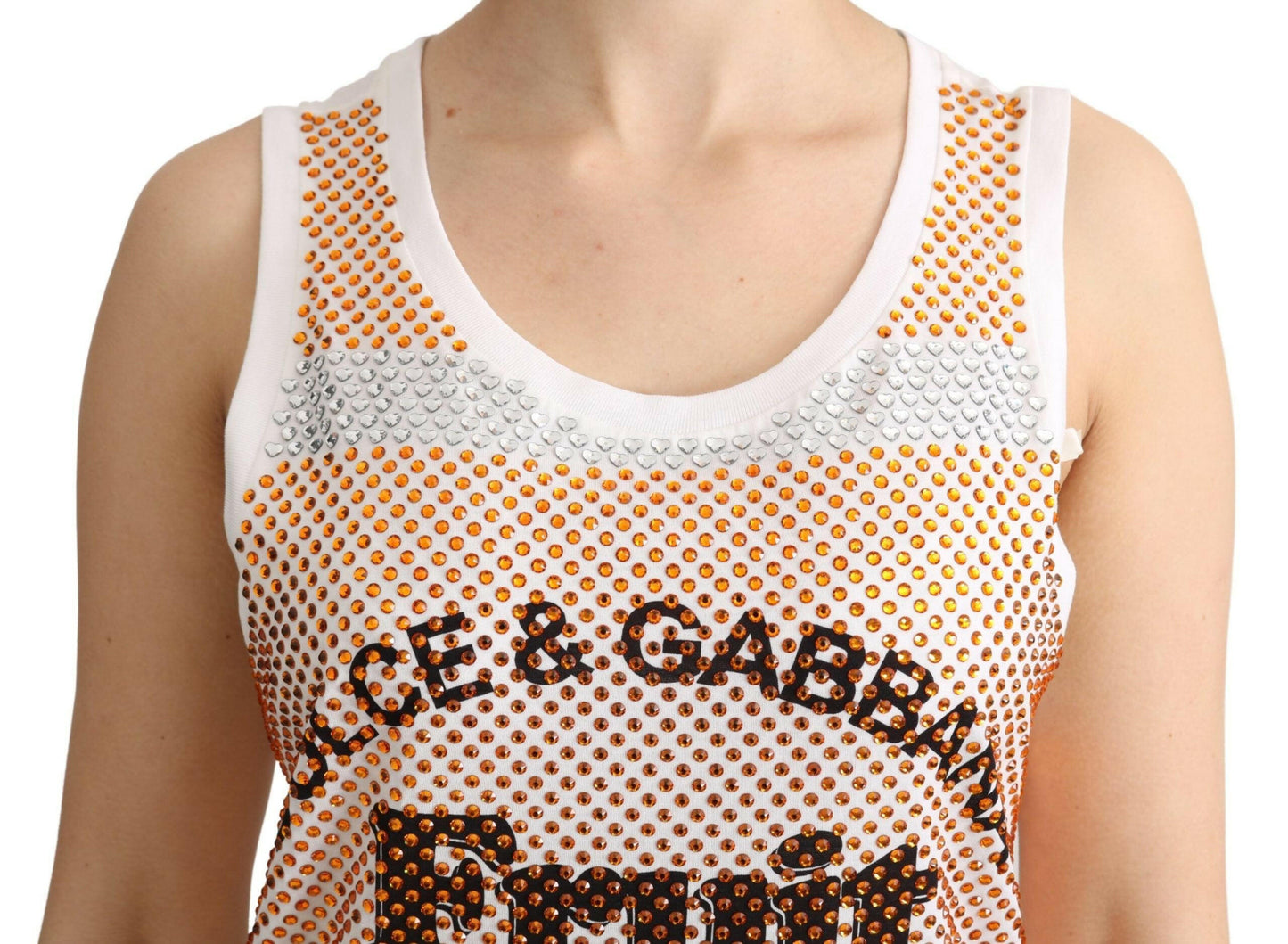 Dolce &amp; Gabbana Weiß-Orange Kristall Ärmelloses Tanktop aus Baumwolle