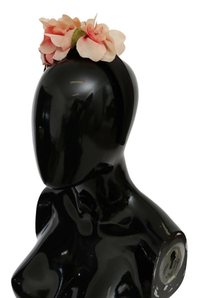 Dolce &amp; Gabbana Rosa Seiden-Stirnband mit schwarzem Blumenmuster und Logo-Diadem