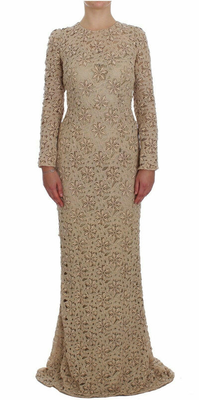 Robe longue à manches longues en dentelle florale beige Dolce &amp; Gabbana