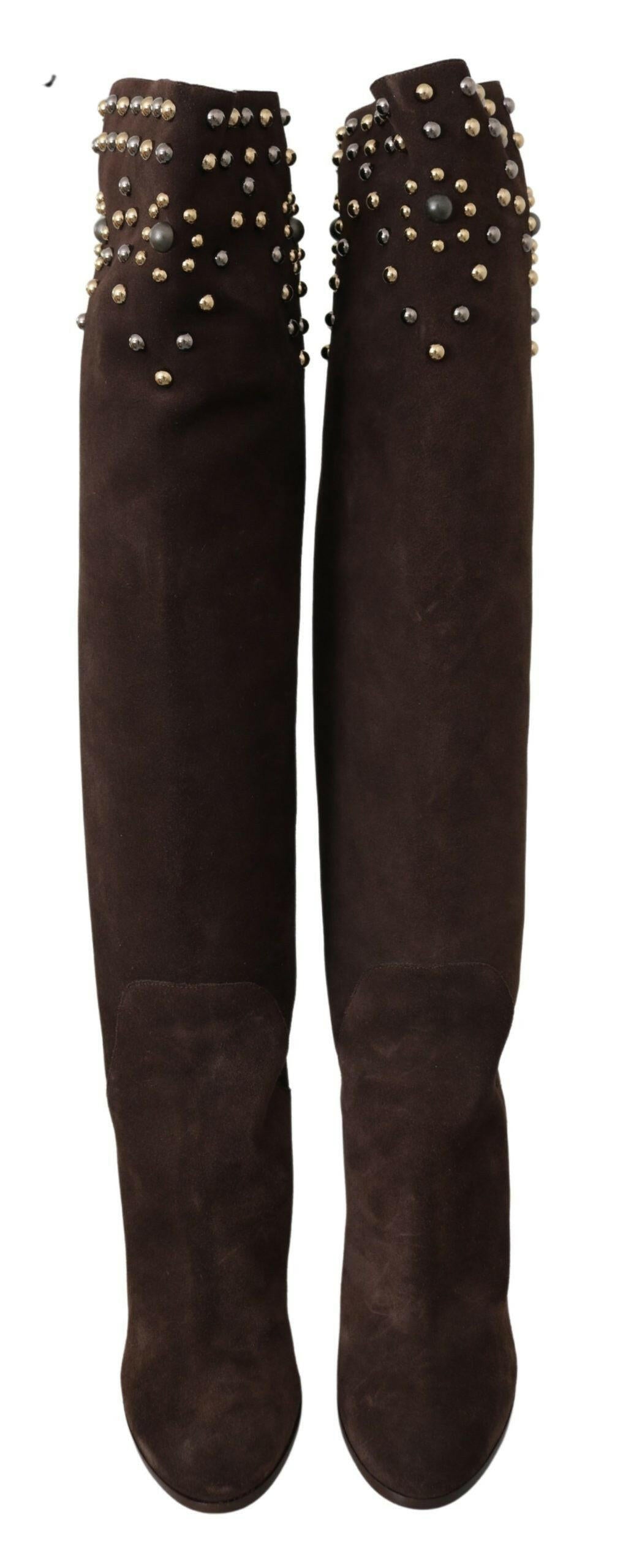 Dolce & Gabbana Brown Suede Studded Knee High Shoes Boots