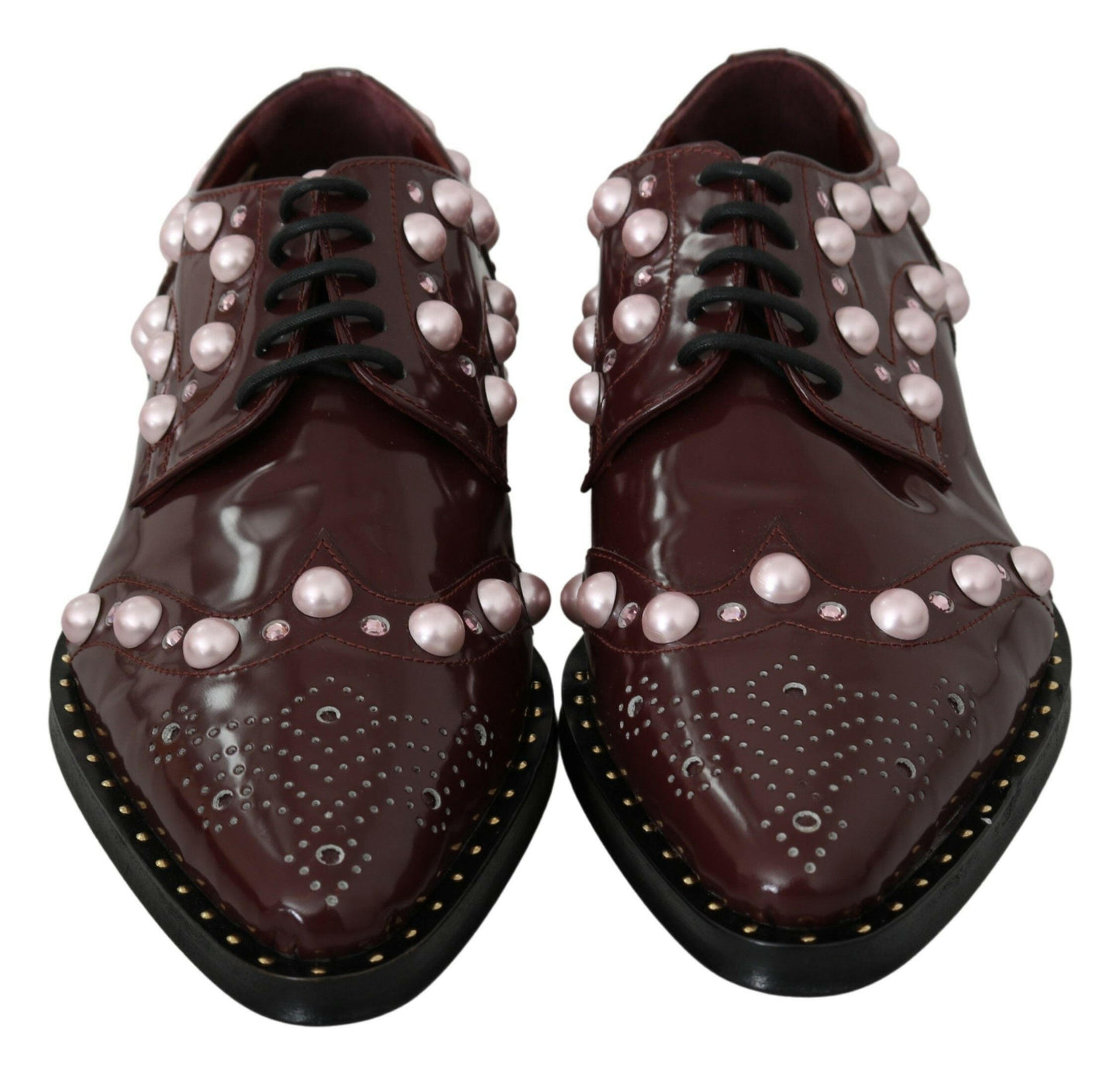 Dolce &amp; Gabbana - Élégantes ballerines bordeaux à lacets avec perles et cristaux