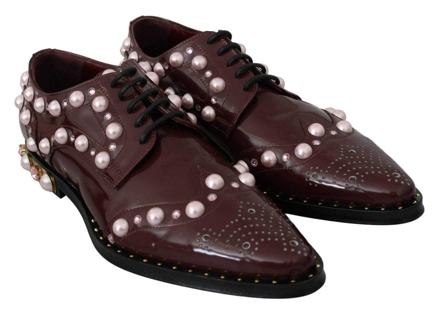 Dolce &amp; Gabbana - Élégantes ballerines bordeaux à lacets avec perles et cristaux