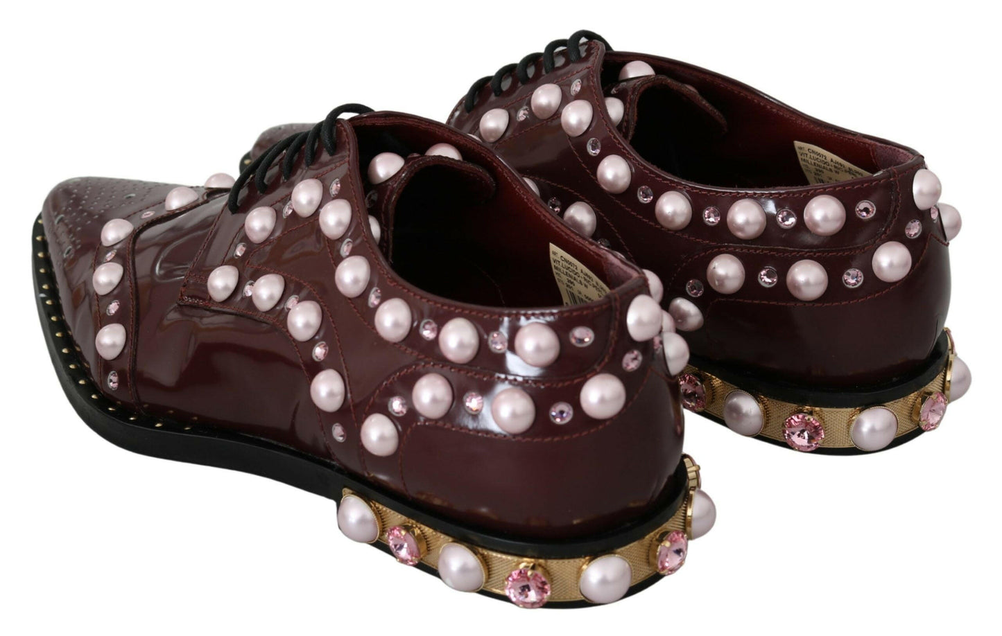 Dolce &amp; Gabbana - Élégantes ballerines bordeaux à lacets avec perles et cristaux