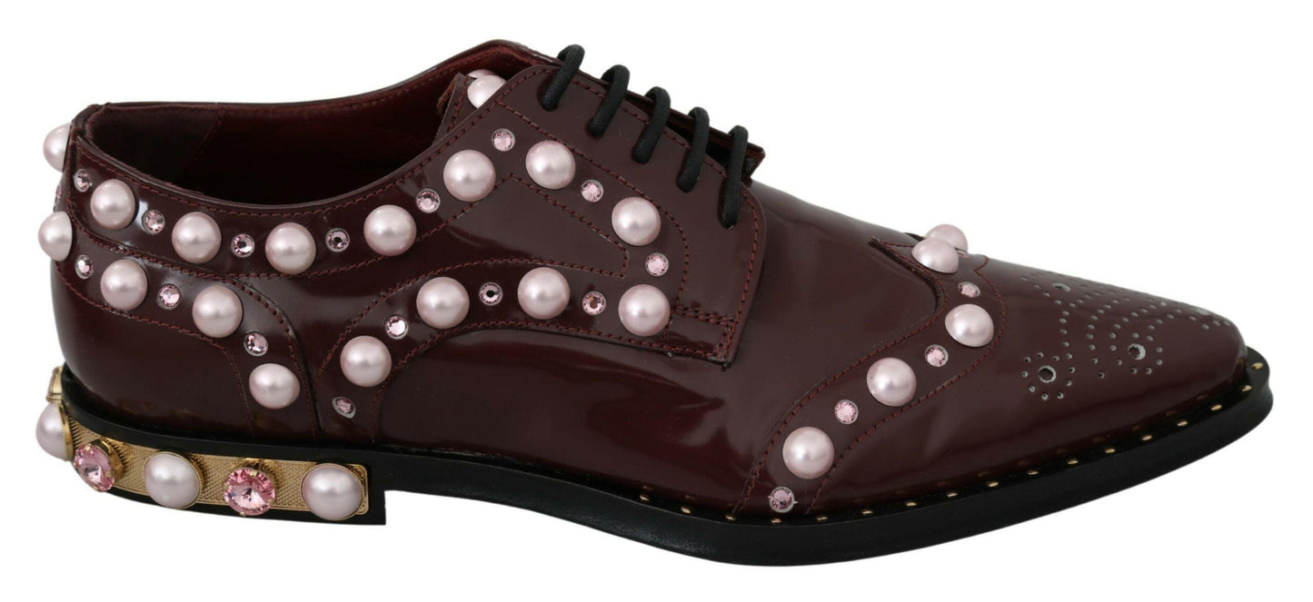 Dolce &amp; Gabbana - Élégantes ballerines bordeaux à lacets avec perles et cristaux