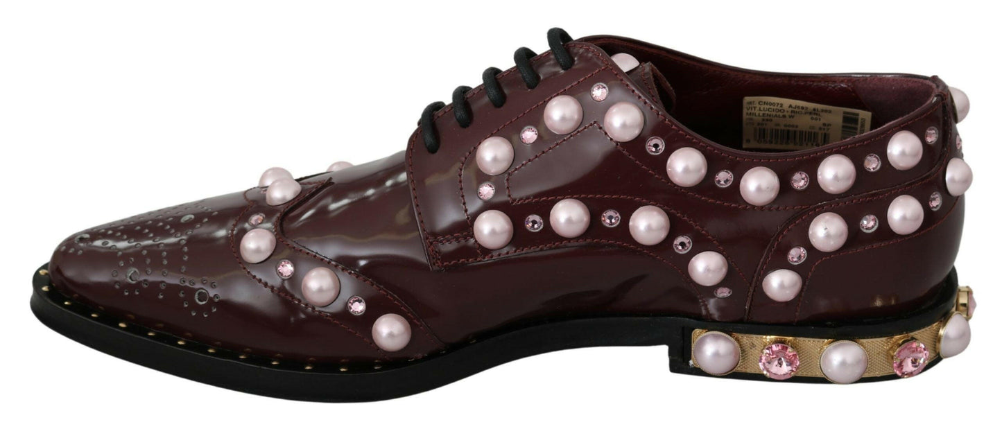 Dolce &amp; Gabbana - Élégantes ballerines bordeaux à lacets avec perles et cristaux