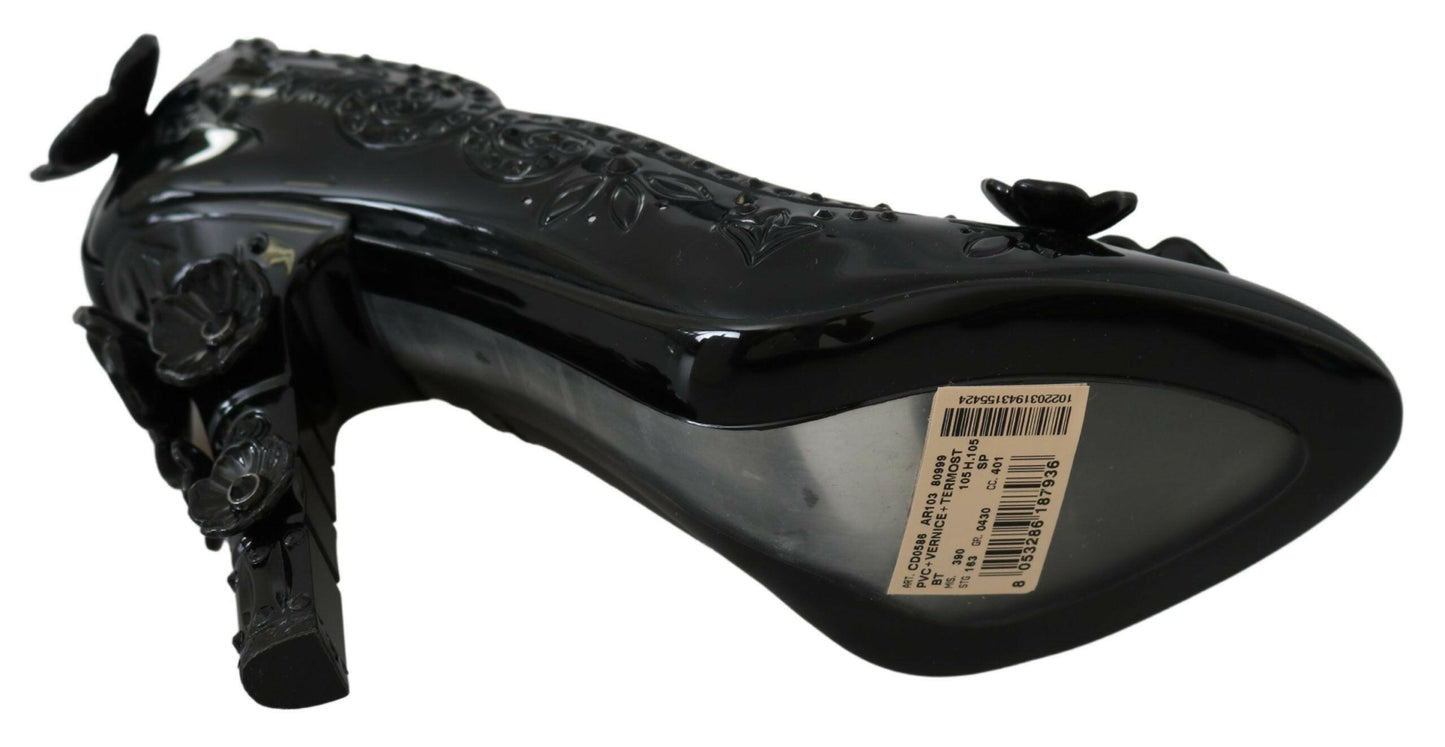 Dolce &amp; Gabbana Schwarze CINDERELLA-Heels mit Blumen- und Kristallverzierung