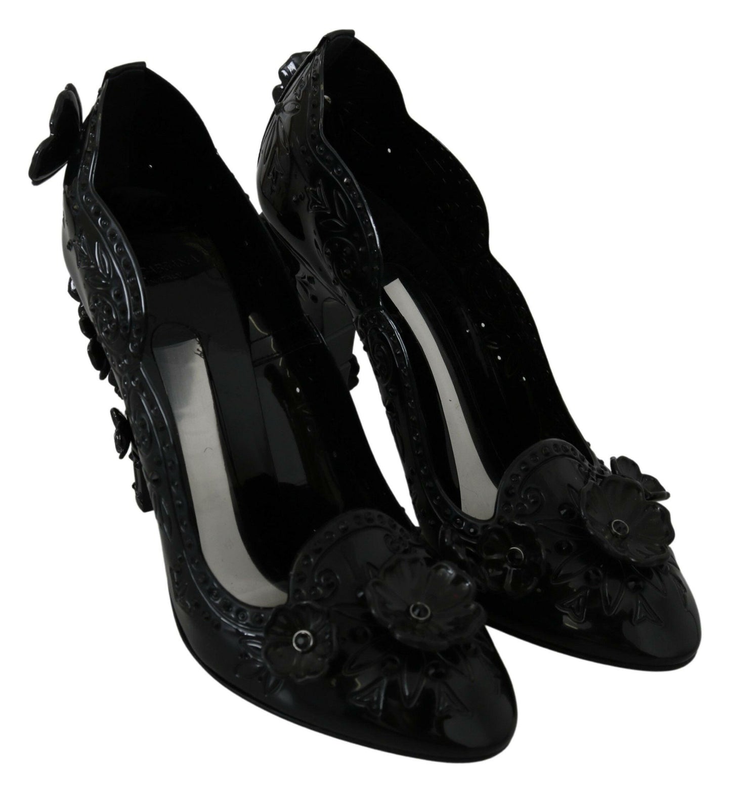 Dolce &amp; Gabbana Schwarze CINDERELLA-Heels mit Blumen- und Kristallverzierung