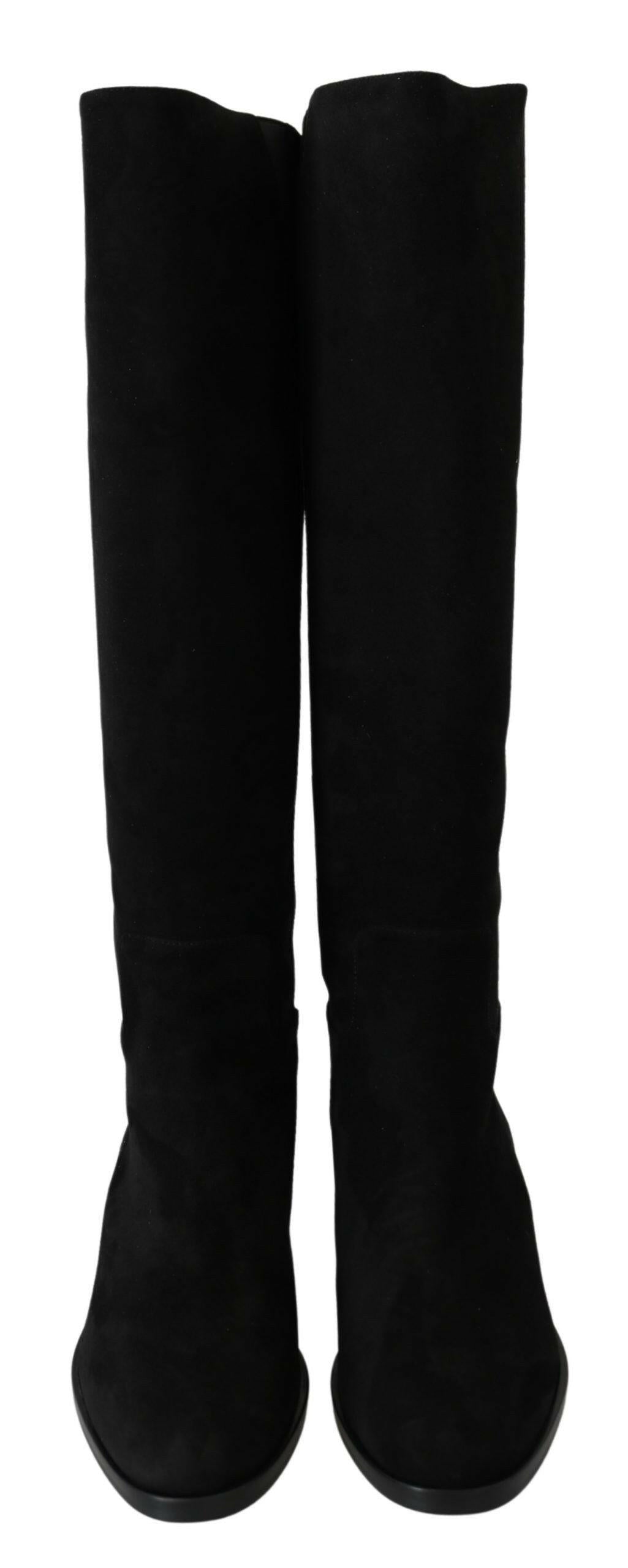Dolce & Gabbana Black Suede Knee High Flat Boots Shoes