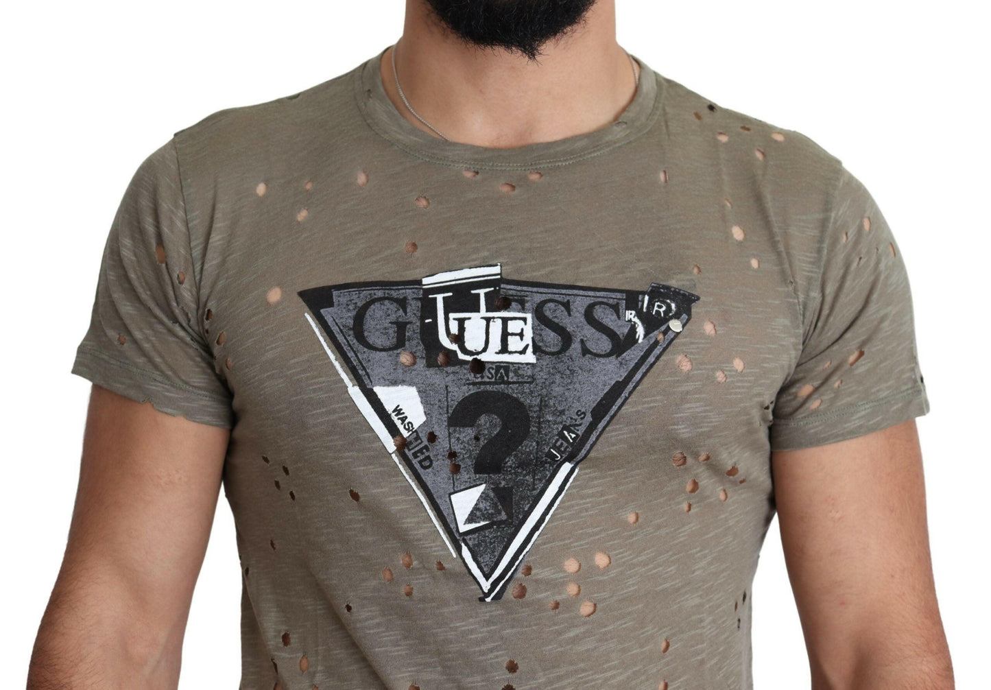 Guess Brown Cotton Stretch Logo Print Men Casual Perforated T-shirt