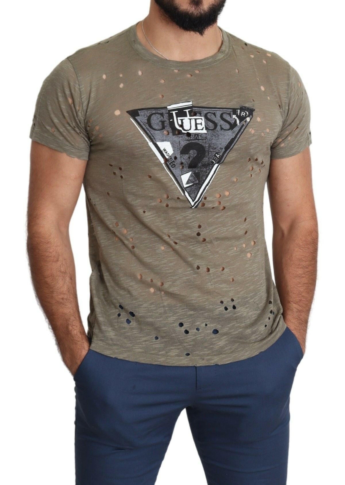 Guess Brown Cotton Stretch Logo Print Men Casual Perforated T-shirt