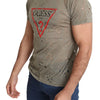 Guess Brown Cotton Stretch Logo Print Men Casual Perforated T-shirt