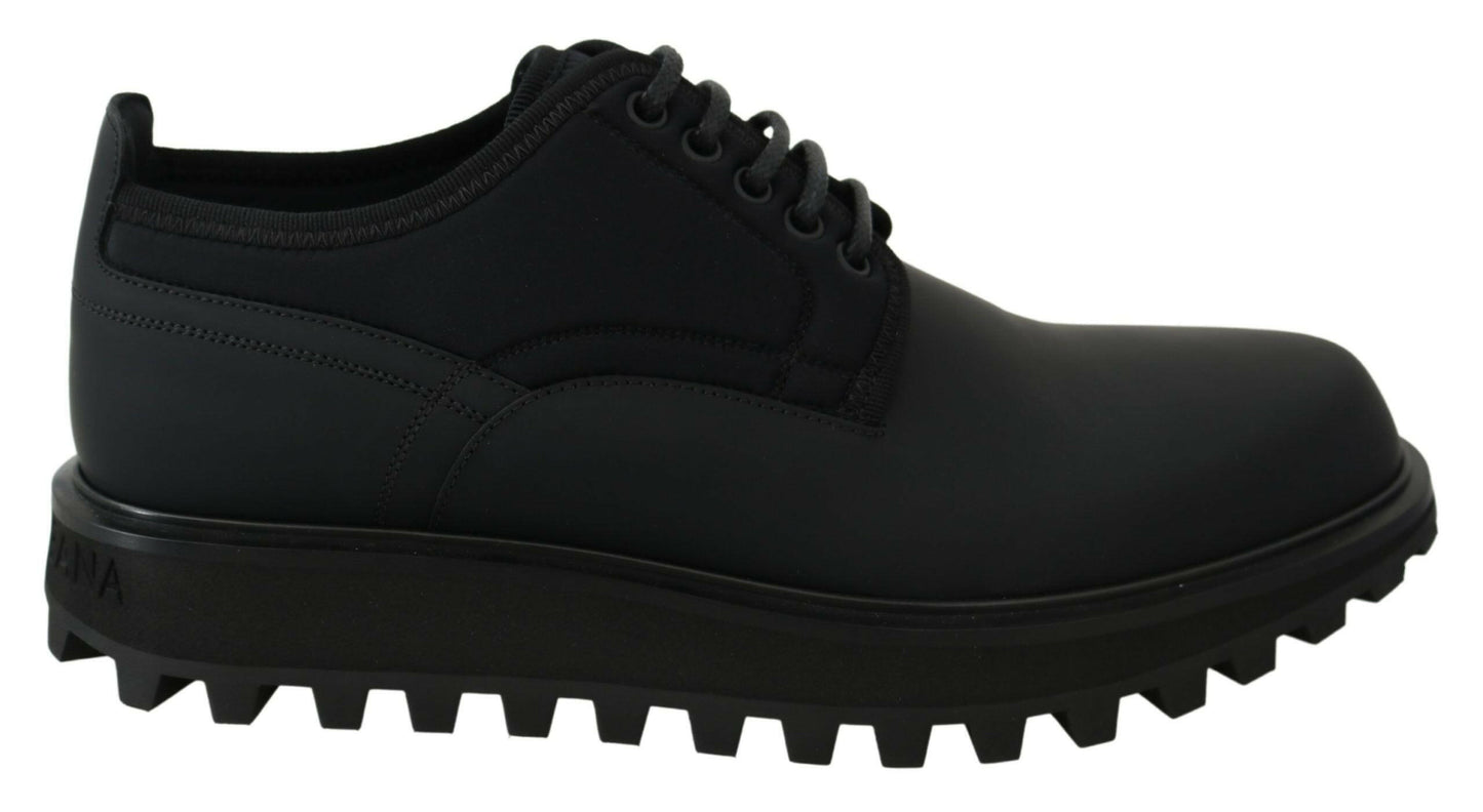Dolce &amp; Gabbana – Schwarze, gummierte Derby-Vulcano-Schuhe aus Kalbsleder