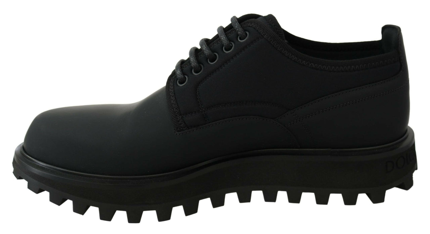 Dolce &amp; Gabbana – Schwarze, gummierte Derby-Vulcano-Schuhe aus Kalbsleder