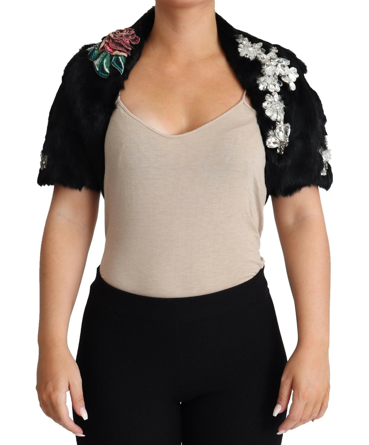 Dolce &amp; Gabbana – Schwarzer Mantel aus Kaninchenfell mit Kristallen und Pailletten