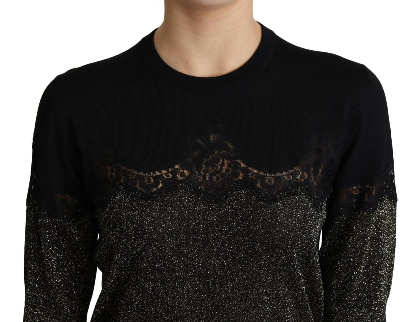 Dolce &amp; Gabbana – Schwarzes Pullover-Oberteil mit glänzendem Lurex-Spitzeneinsatz