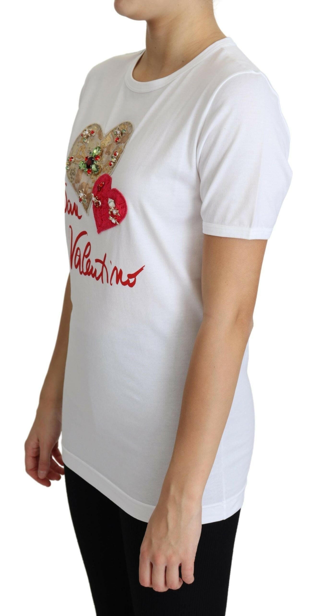 Dolce &amp; Gabbana – Weißes T-Shirt-Oberteil „San Valentino“ mit Herzkristallen