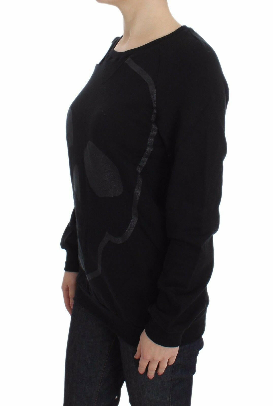 Exte Black Cotton Motive Print Crewneck Pullover Sweater