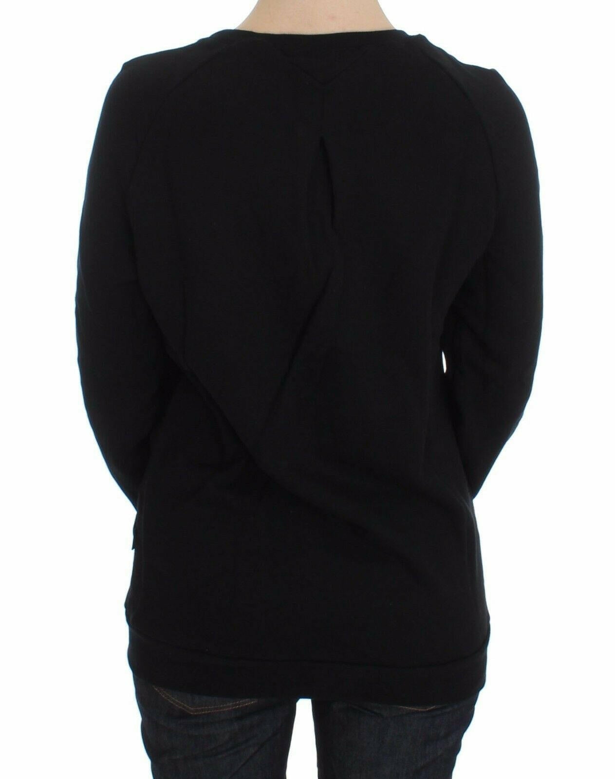 Exte Black Cotton Motive Print Crewneck Pullover Sweater