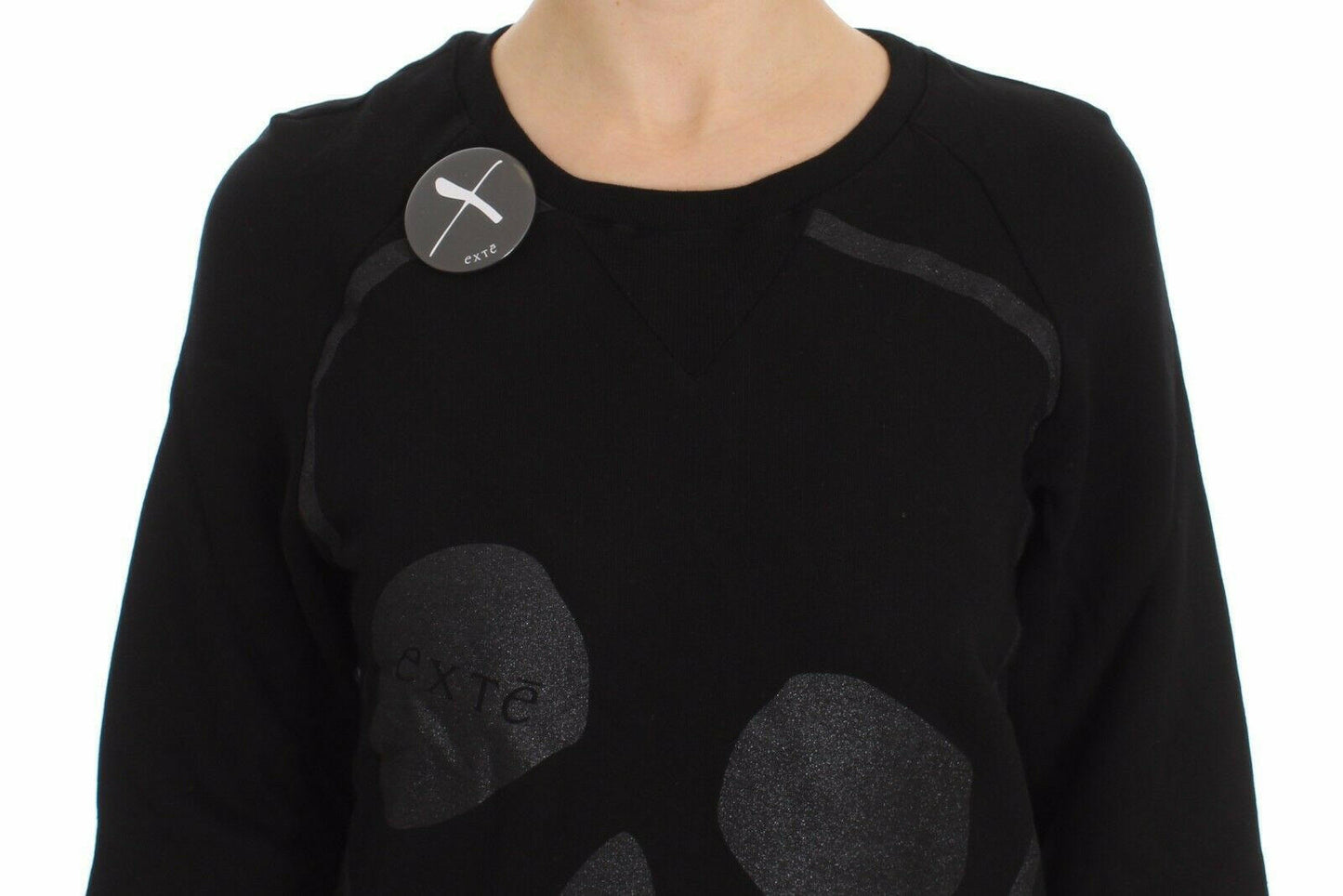 Exte Black Cotton Motive Print Crewneck Pullover Sweater