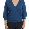 Exte Blue Cotton Top Pullover Tiefer V-Ausschnitt Damenpullover