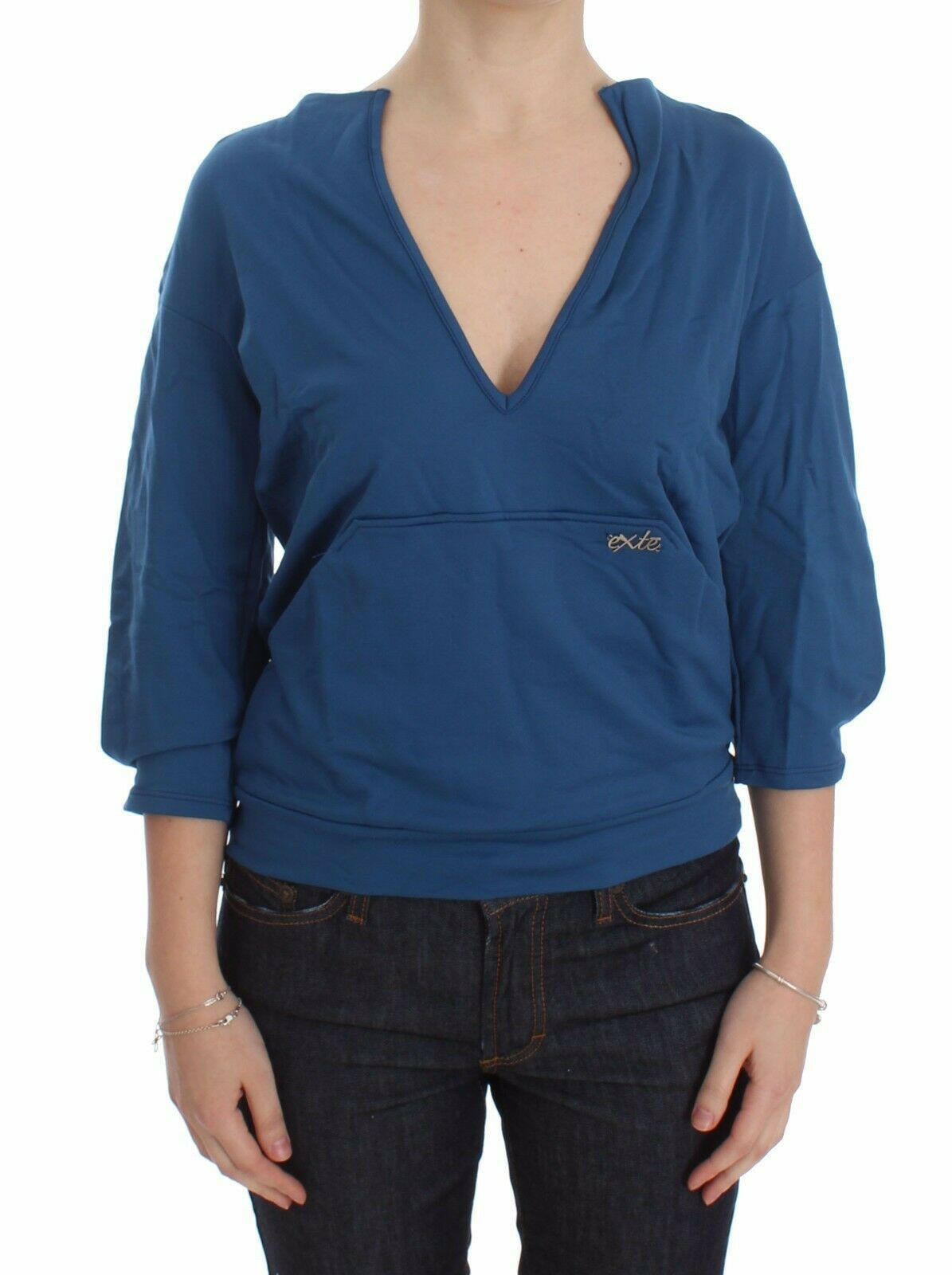 Exte Blue Cotton Top Pullover Tiefer V-Ausschnitt Damenpullover