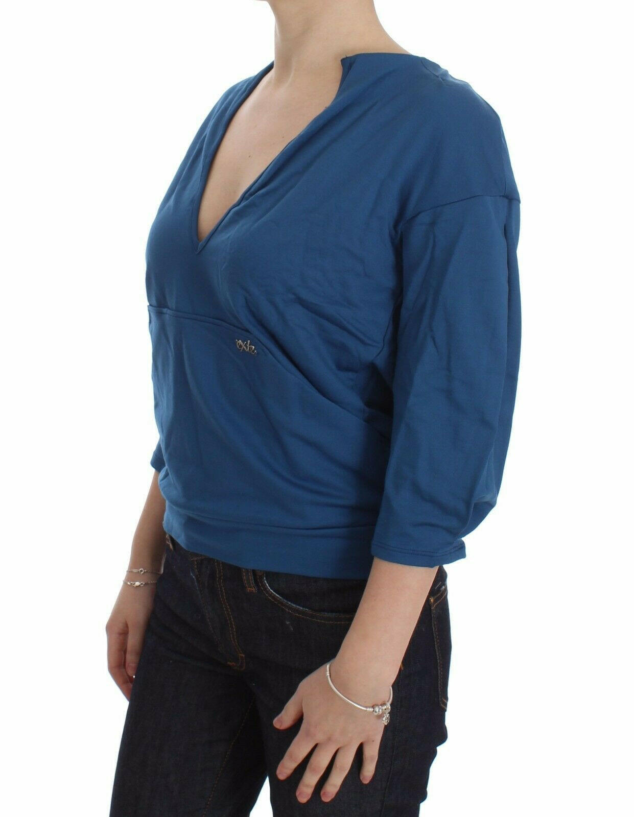 Exte Blue Cotton Top Pullover Tiefer V-Ausschnitt Damenpullover