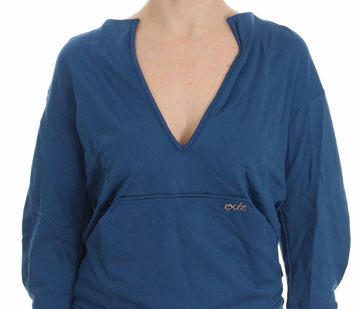 Exte Blue Cotton Top Pullover Tiefer V-Ausschnitt Damenpullover