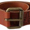 Just Cavalli Brown Leather Logo Bronze Rustic Metal Buckle Belt