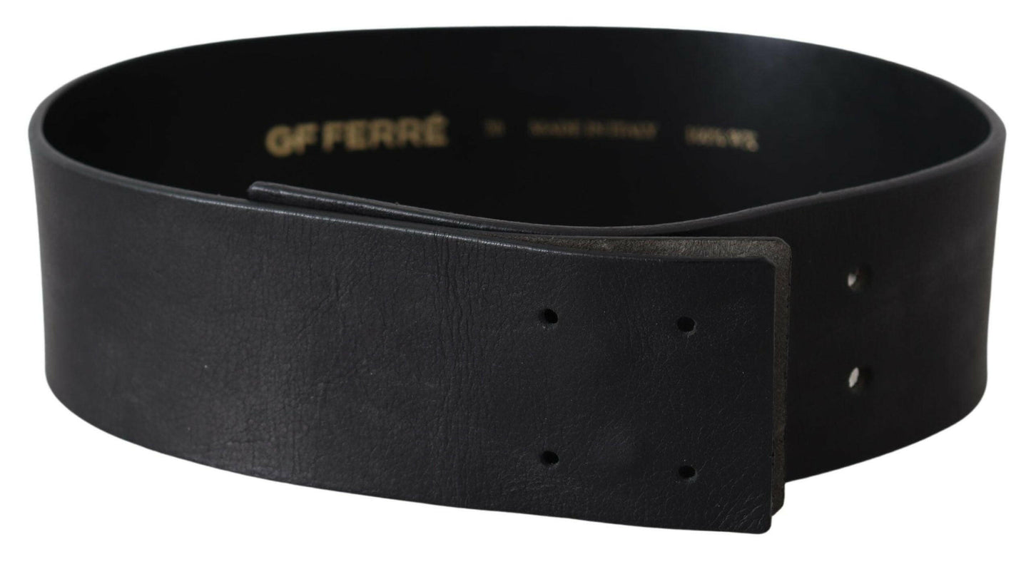 GF Ferre Black Genuine Leather Wide Logo Waist Belt
