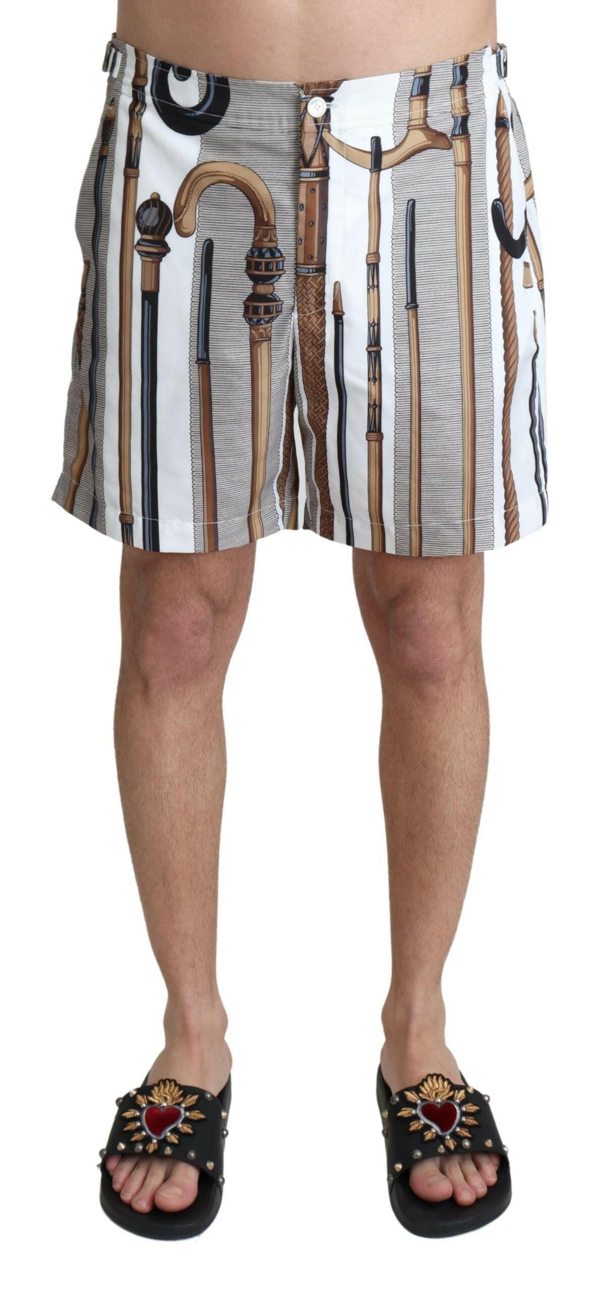 Dolce & Gabbana White Walking Stick Beachwear Shorts Swimshorts