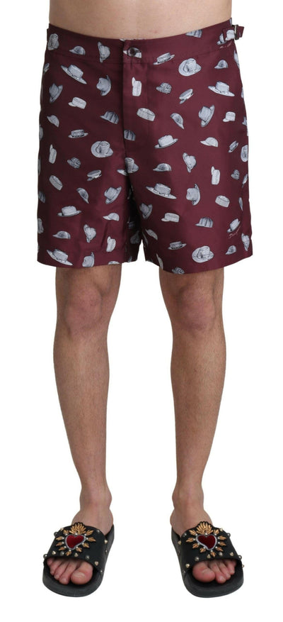 Dolce & Gabbana Maroon Hats Print Beachwear Shorts Swimwear