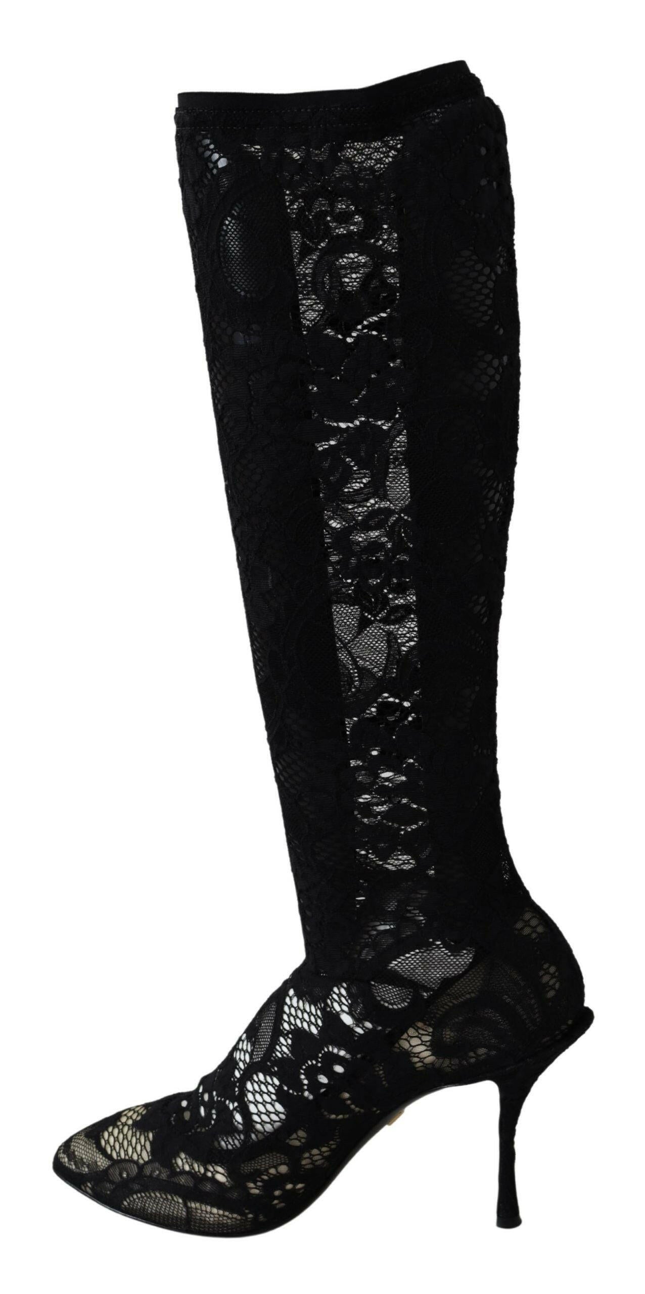 Dolce & Gabbana Black Taormina Lace Socks Boots Shoes Pumps