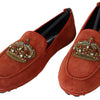 Dolce &amp; Gabbana – Loafer aus orangefarbenem Leder mit Kristallkrone