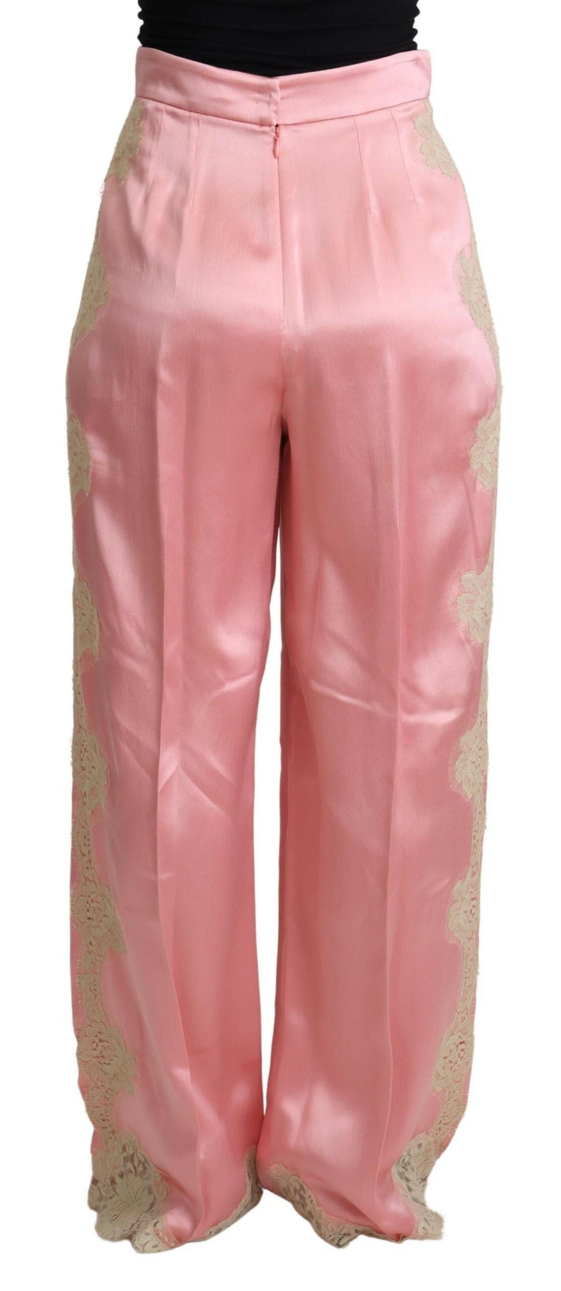Dolce &amp; Gabbana – Hose aus Seidensatin mit weitem Bein und Spitzenbesatz in Rosa