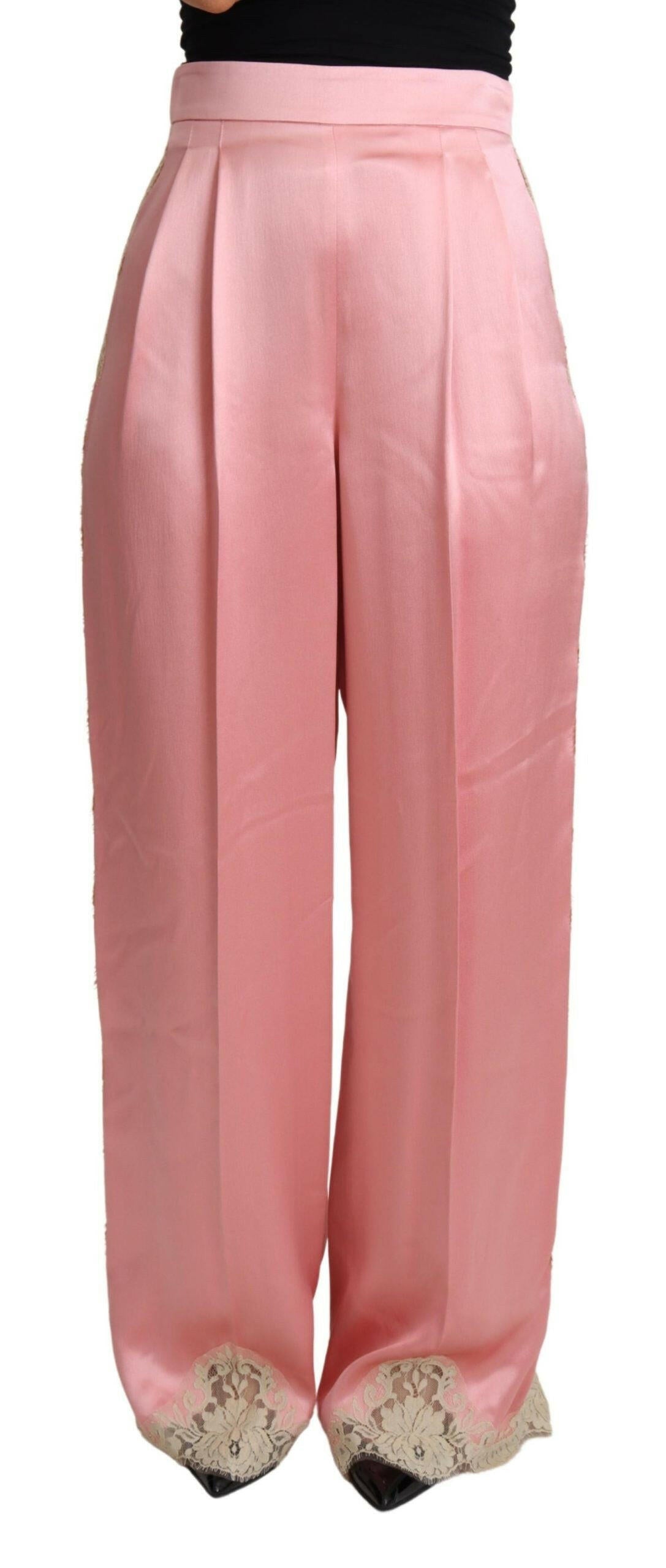Dolce &amp; Gabbana – Hose aus Seidensatin mit weitem Bein und Spitzenbesatz in Rosa
