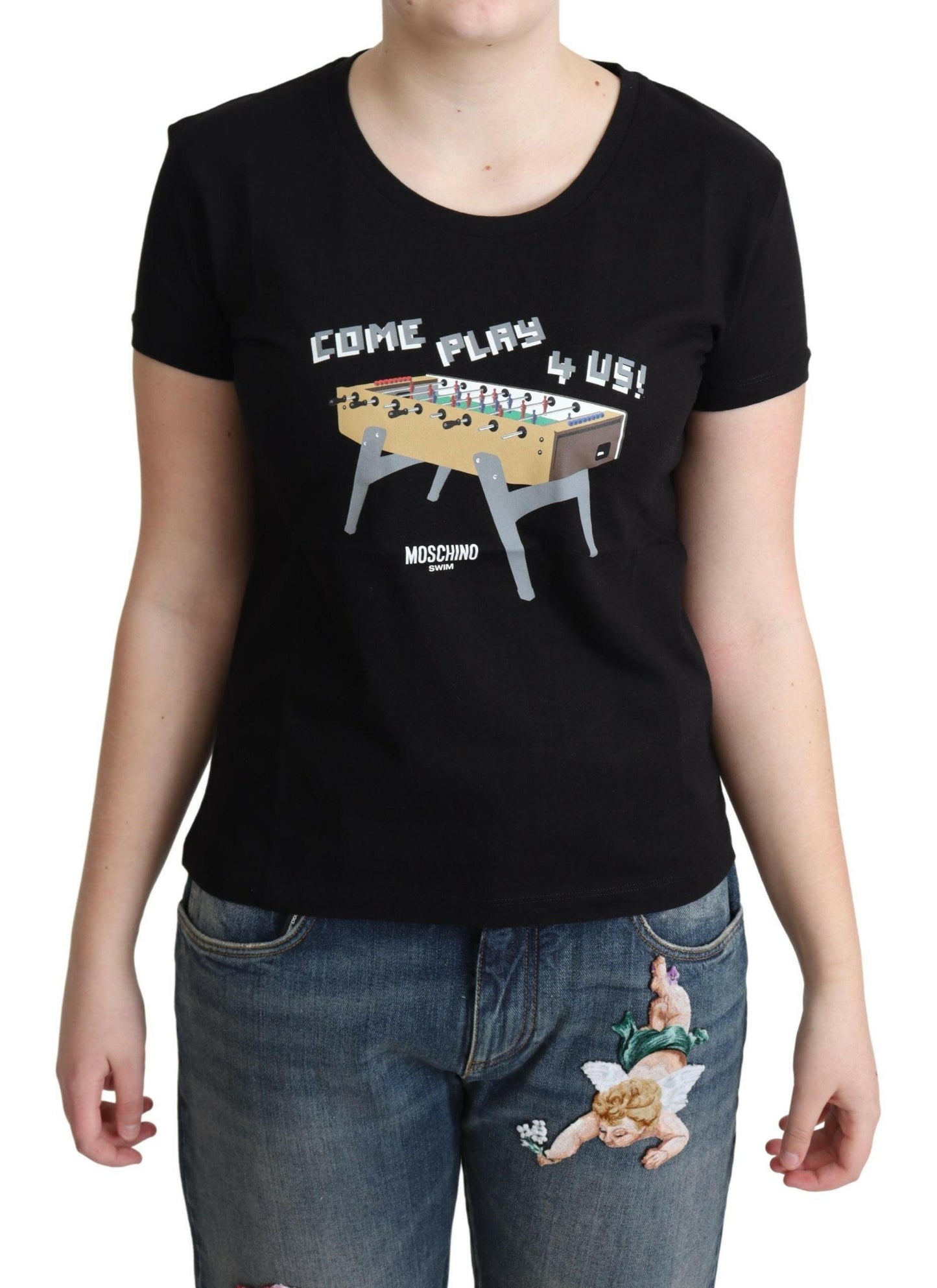 Moschino – Schwarzes T-Shirt aus Baumwolle mit „Come Play 4 Us“-Aufdruck