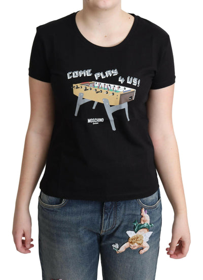 Moschino – Schwarzes T-Shirt aus Baumwolle mit „Come Play 4 Us“-Aufdruck