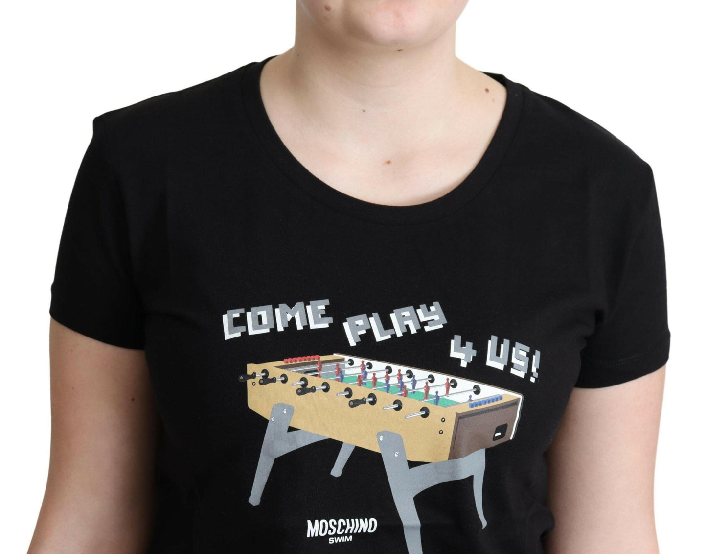 Moschino – Schwarzes T-Shirt aus Baumwolle mit „Come Play 4 Us“-Aufdruck
