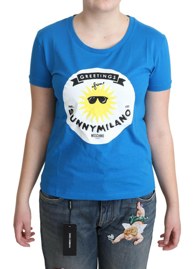 Moschino – Blaues T-Shirt aus Baumwolle mit Sunny Milano-Print