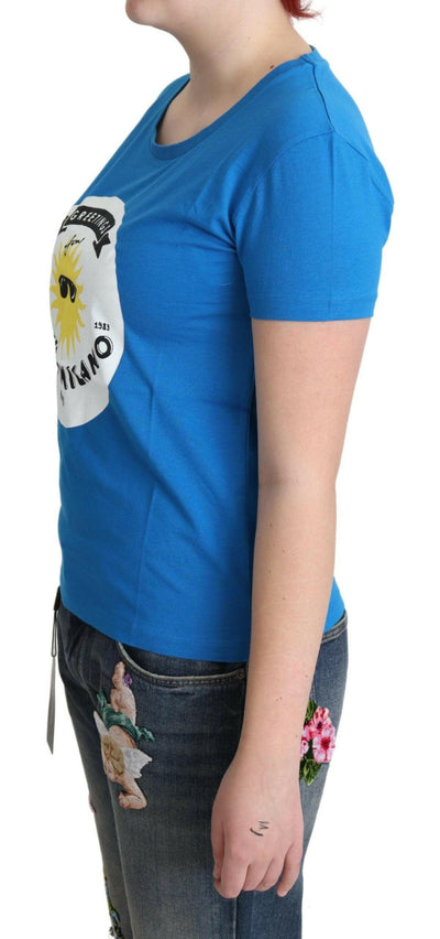 Moschino – Blaues T-Shirt aus Baumwolle mit Sunny Milano-Print