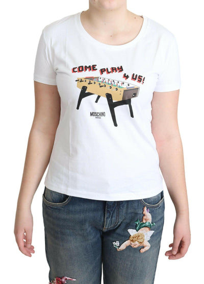 Moschino – Weißes T-Shirt aus Baumwolle mit „Come Play 4 Us“-Aufdruck