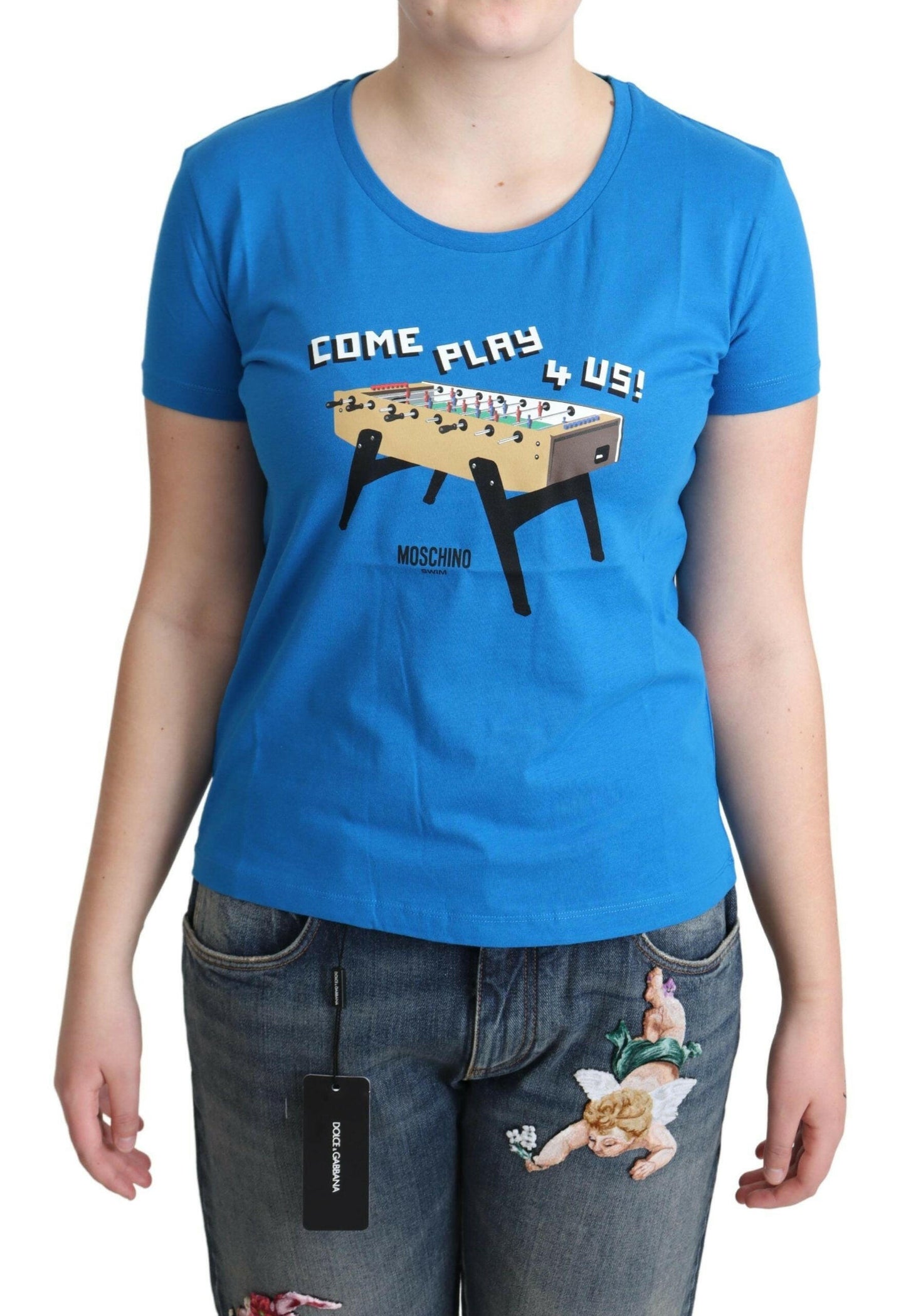 Moschino – T-Shirt aus Baumwolle mit „Come Play 4 Us“-Print, Blau