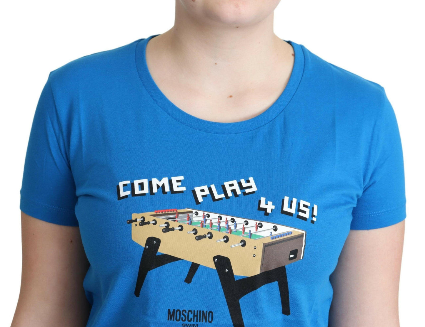 Moschino – T-Shirt aus Baumwolle mit „Come Play 4 Us“-Print, Blau
