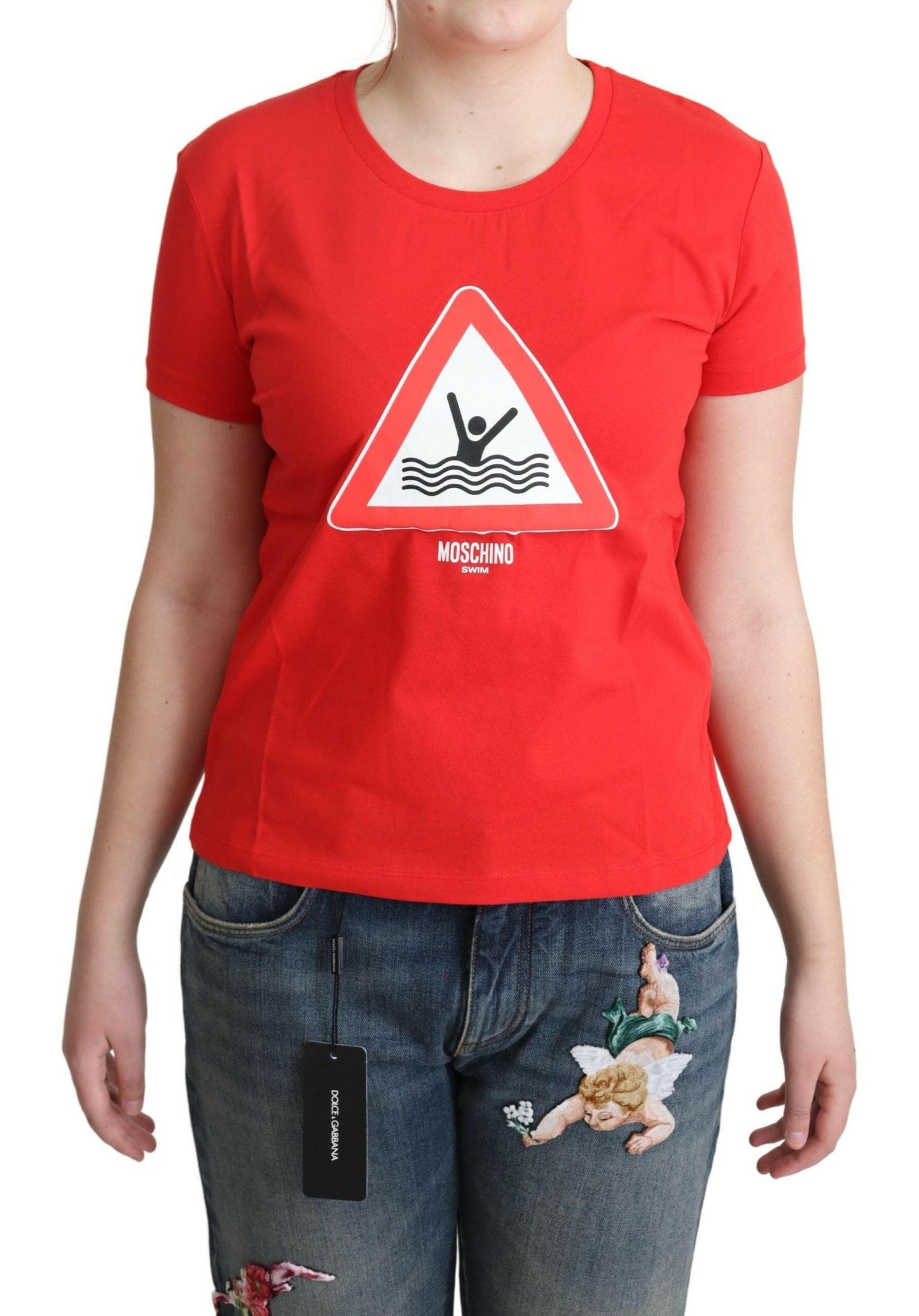 Moschino – Rotes Baumwoll-T-Shirt mit grafischem Dreiecksdruck