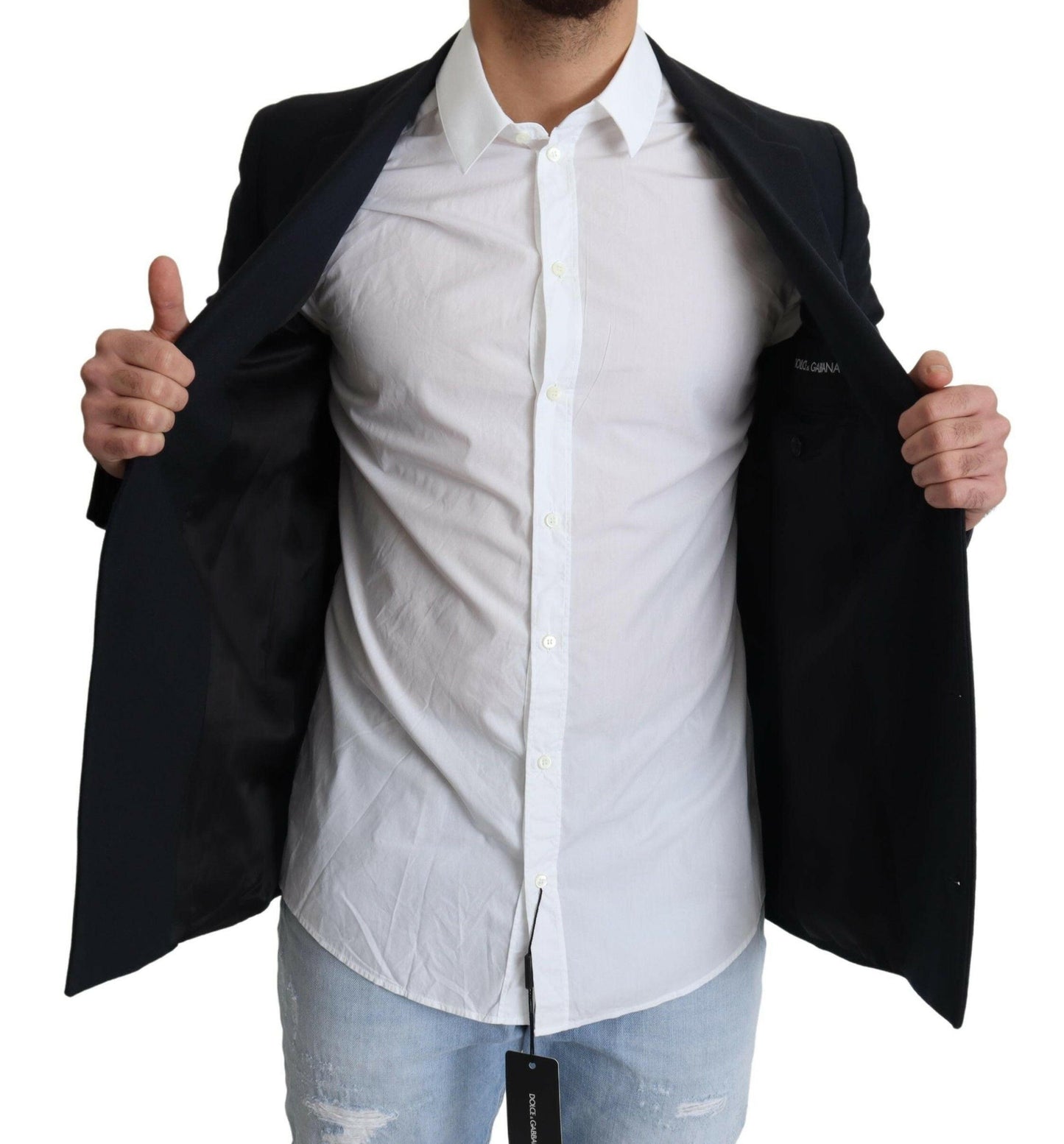 Dolce &amp; Gabbana Dunkelblaue einreihige Wollmanteljacke